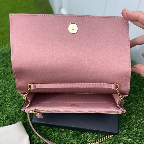 SAINT LAURENT KATE TASSEL CLUTCH ON CHAIN ROSE PINK SATIN GOLD HARDWARE NEW!